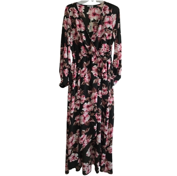 NWT Jodifl Dark Olive Surplice Neckline Tie Waist Maxi Dress Medium Pink Floral - Picture 1 of 7